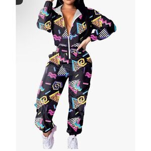 NEW 80’s Punk Print Jumpsuit Tracksuit Set L